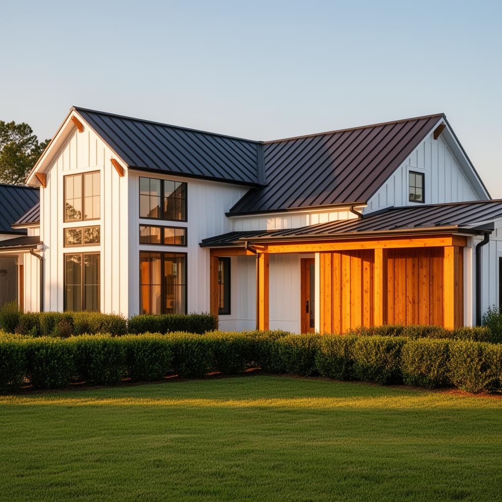 Freshly painted modern farmhouse exterior with cedar accents